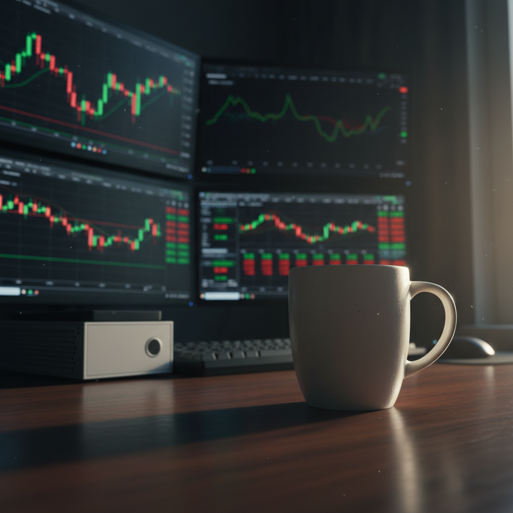 Coffee mug next to a trading terminal in low light