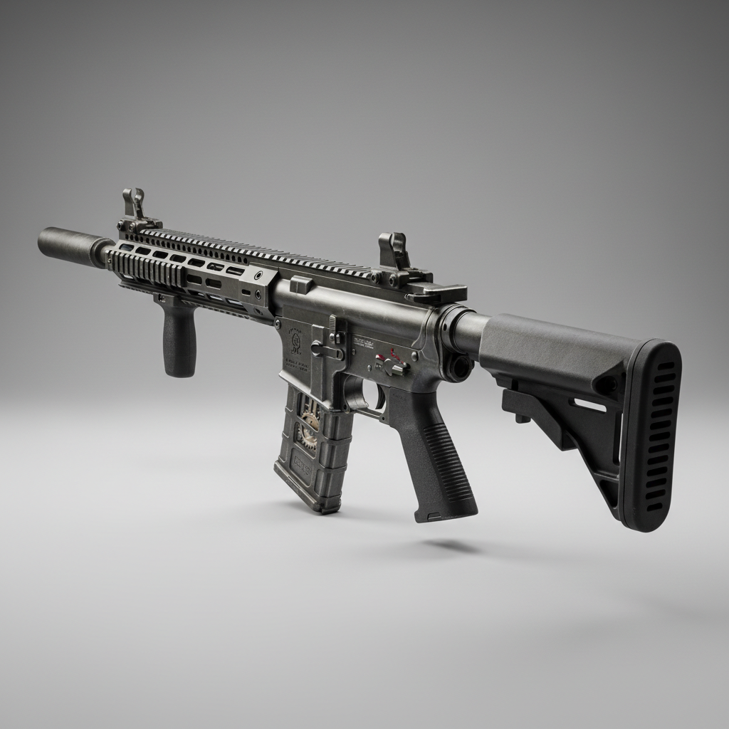 Black tactical airsoft rifle with accessories on dark background, professional product photography