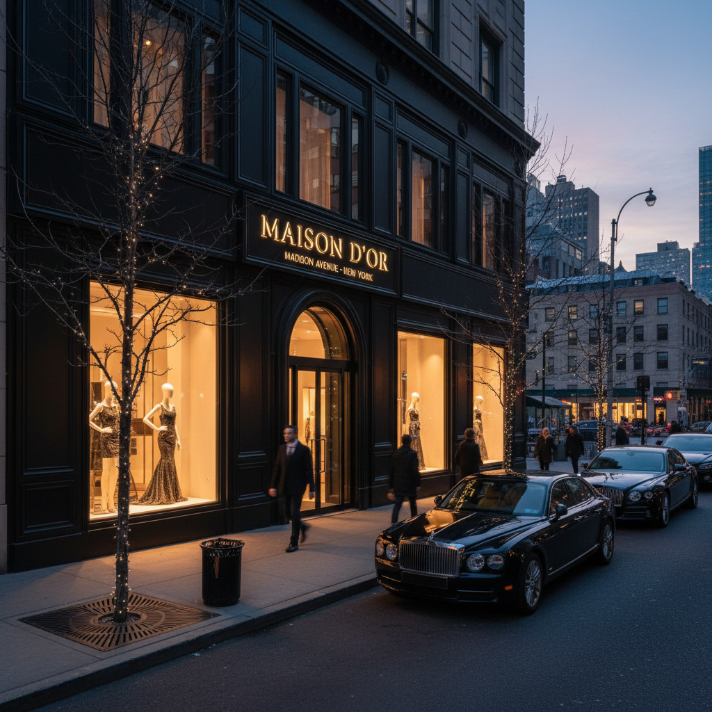 New York luxury boutique on Madison Avenue, sleek dark facade, gold lettering, dusk