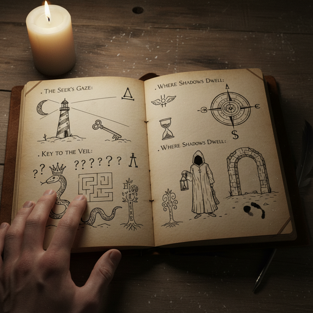 Cryptic puzzle booklet open showing hand-drawn clue illustrations