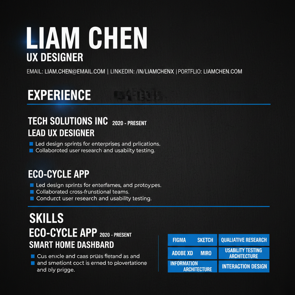 Dramatic dark-background résumé layout for UX designer with bold typographic hierarchy