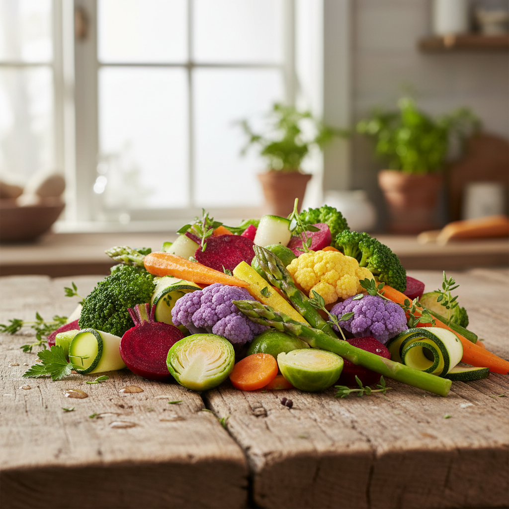 Colorful assortment of seasonal fresh vegetables including carrots, beans and peppers on wooden table