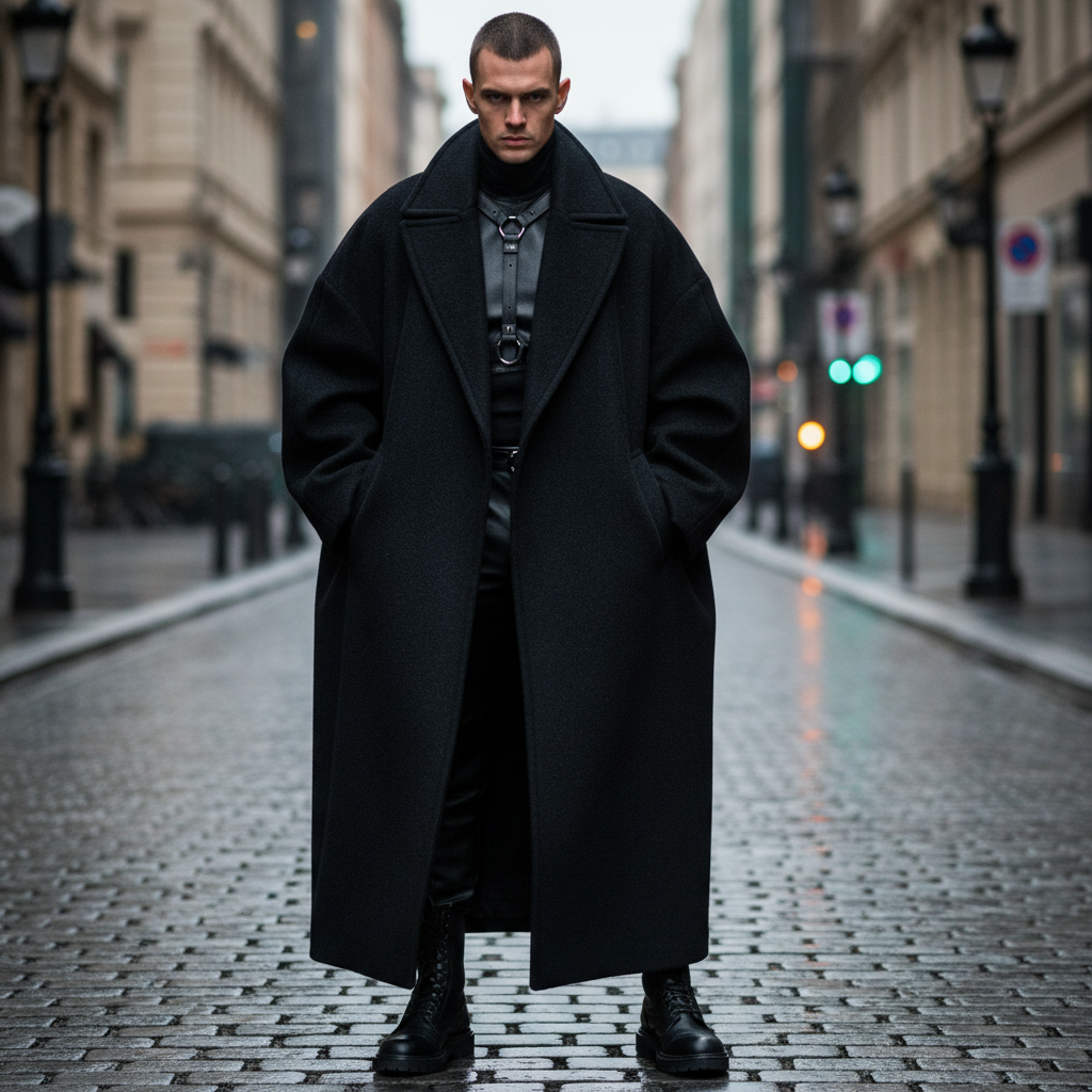 Korean fashion brand editorial with model in oversized coat, dark studio atmospheric
