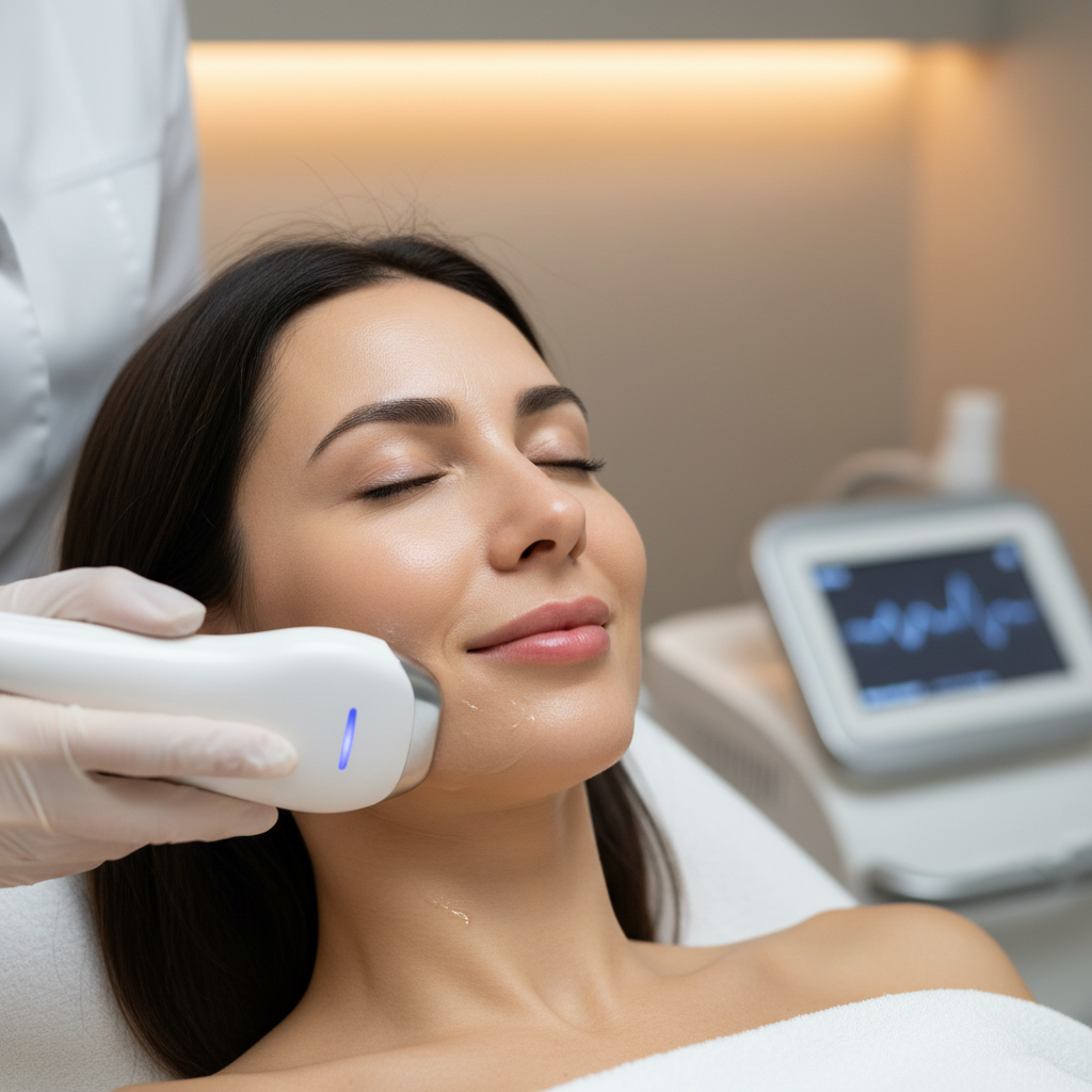 Woman with lifted and firm facial contours after Sculptra collagen-stimulating treatment in a luxury clinic