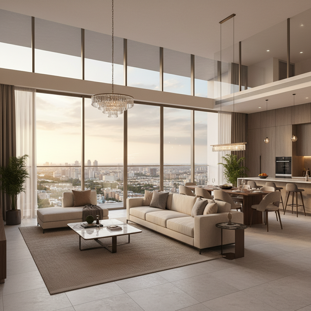Premium apartment interior living room with floor-to-ceiling windows, dark moody evening light