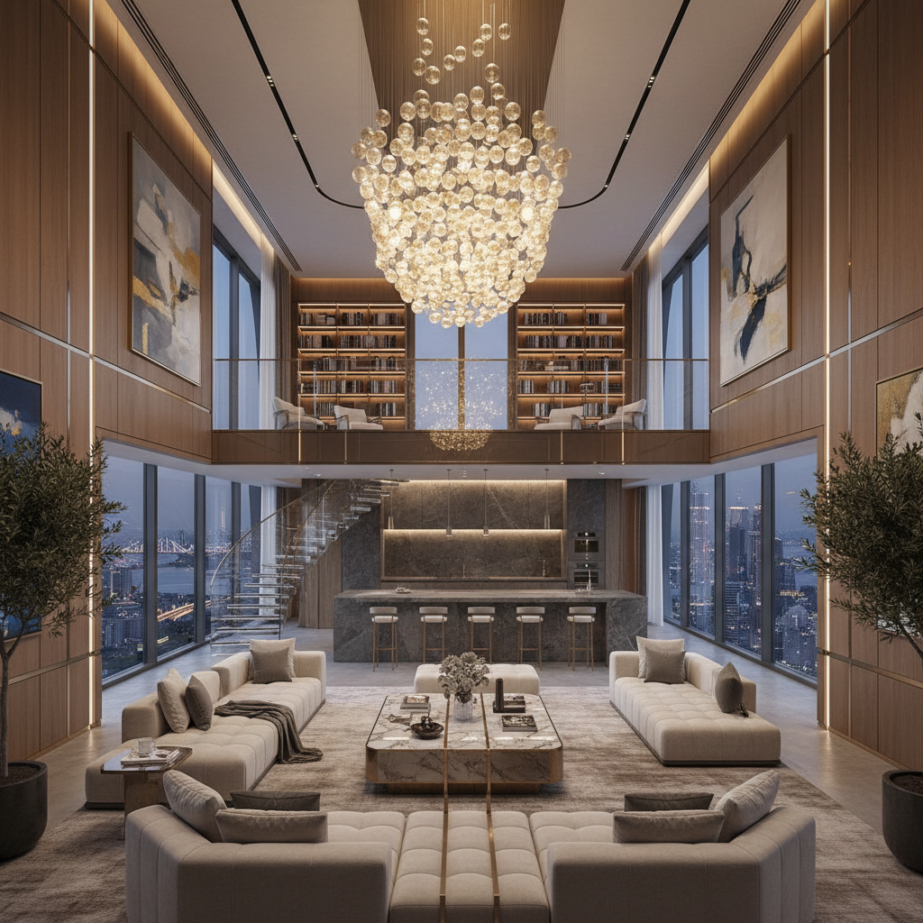 Luxury penthouse living space with gold accent details, custom furniture, and panoramic city skyline view at night