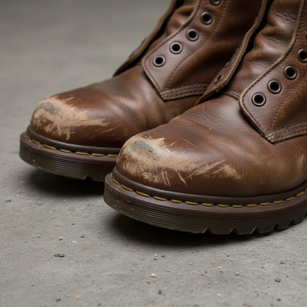 Close up of worn leather Doc Martens boots with scuffed toe caps on concrete