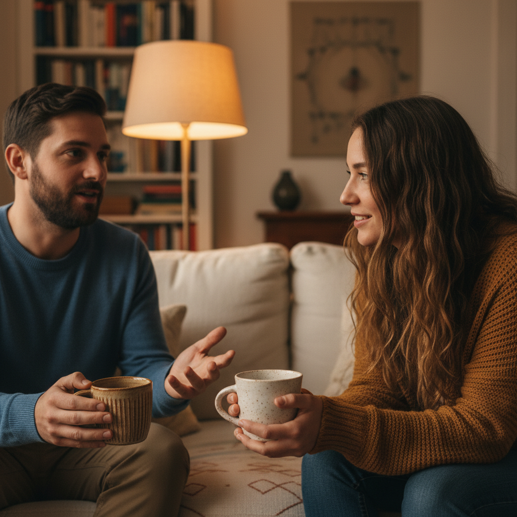 Two people sitting together in warm light, one listening intently to the other
