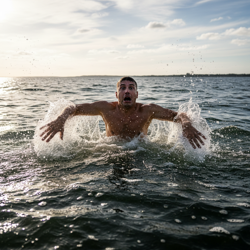 Swimmer with panicked choppy stroke, head lifting too high, poor body rotation in open water