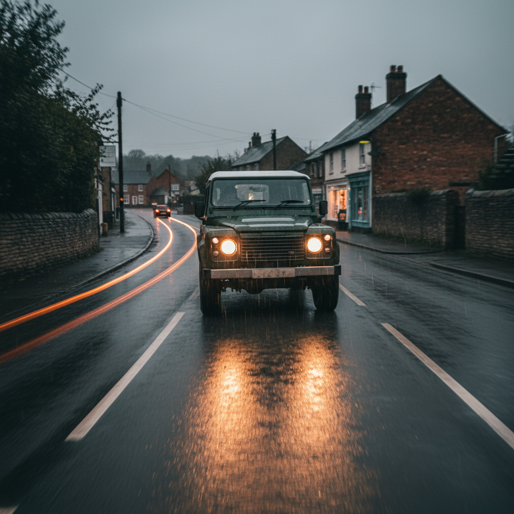 Land Rover Defender driving on a wet British road, headlights on, chrome bumper catching streetlight