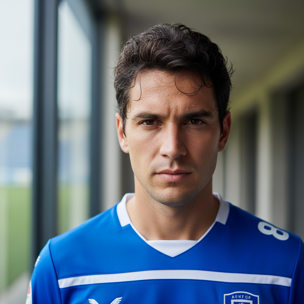 Professional soccer player Lucas Ferreira in photoshoot session, holding ball, professional studio setup