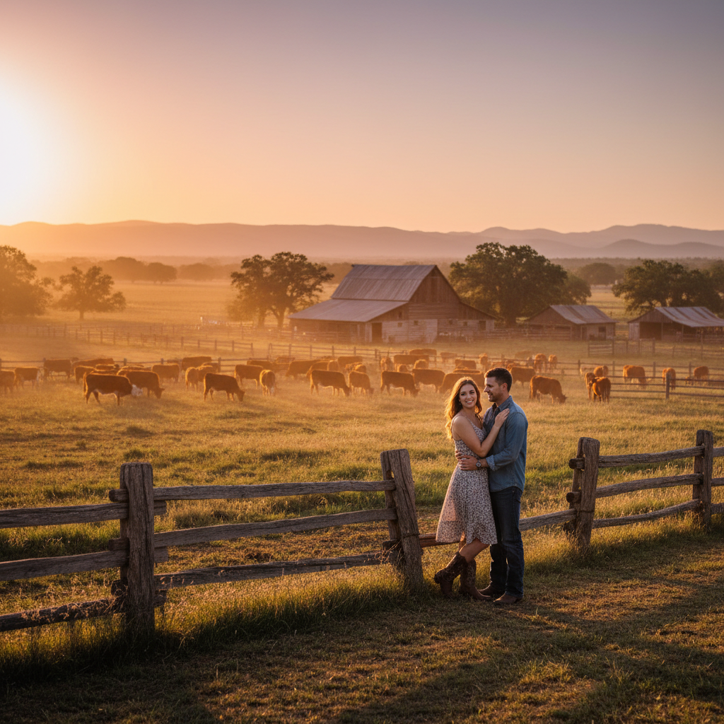 Couple standing in front of a cattle ranch at sunset