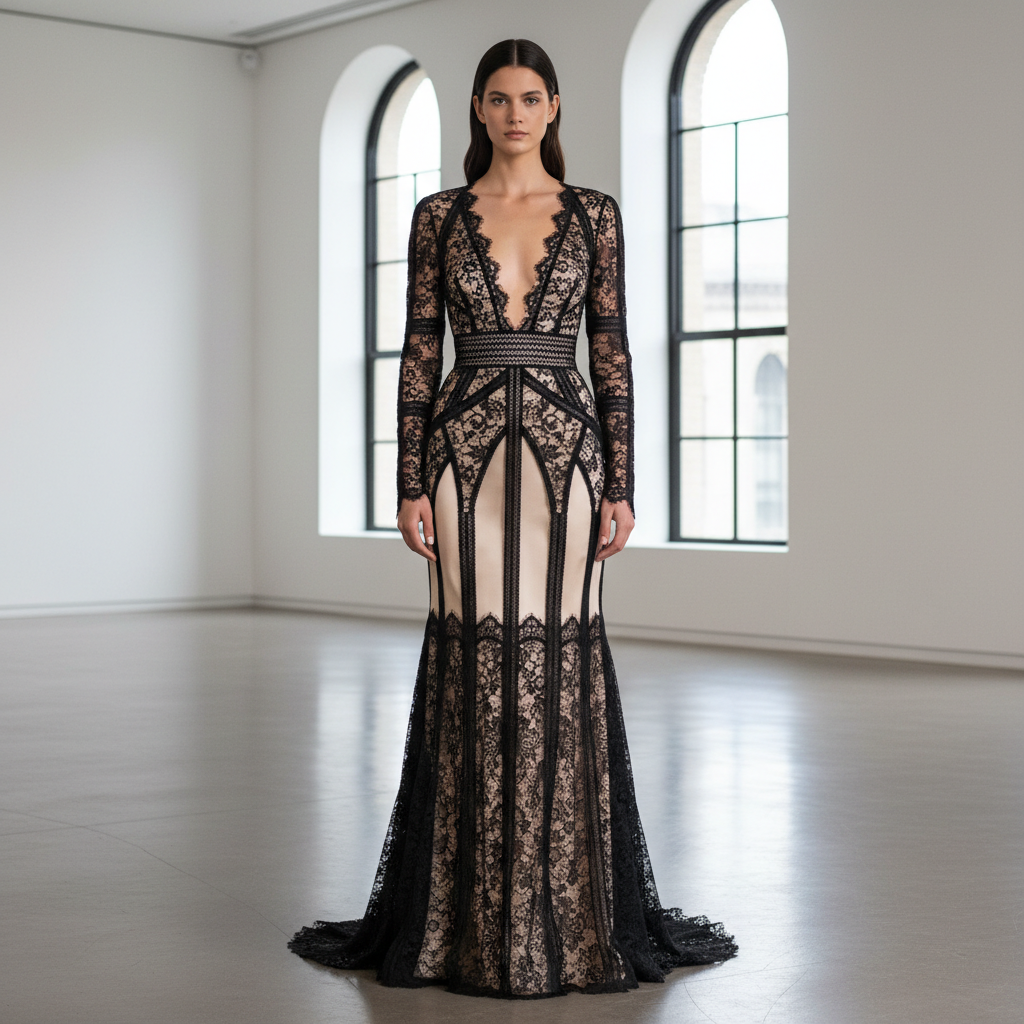 Black Chantilly lace gown over silk slip, structured long sleeves, floor-length with architectural precision