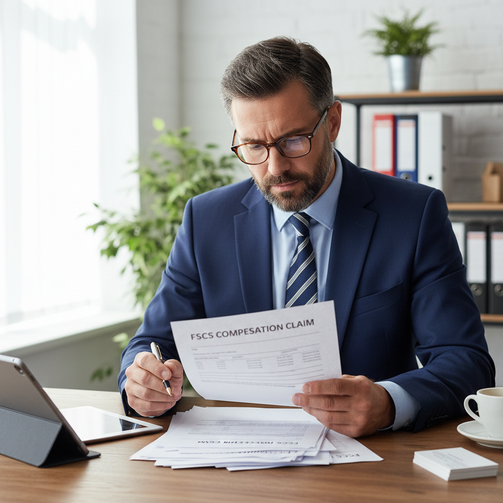 Confident financial expert reviewing FSCS compensation claim documents at a desk