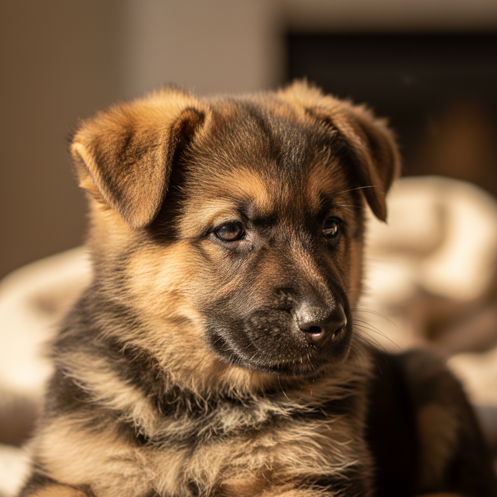 Close up of German Shepherd puppy soft double coat fur texture in warm light