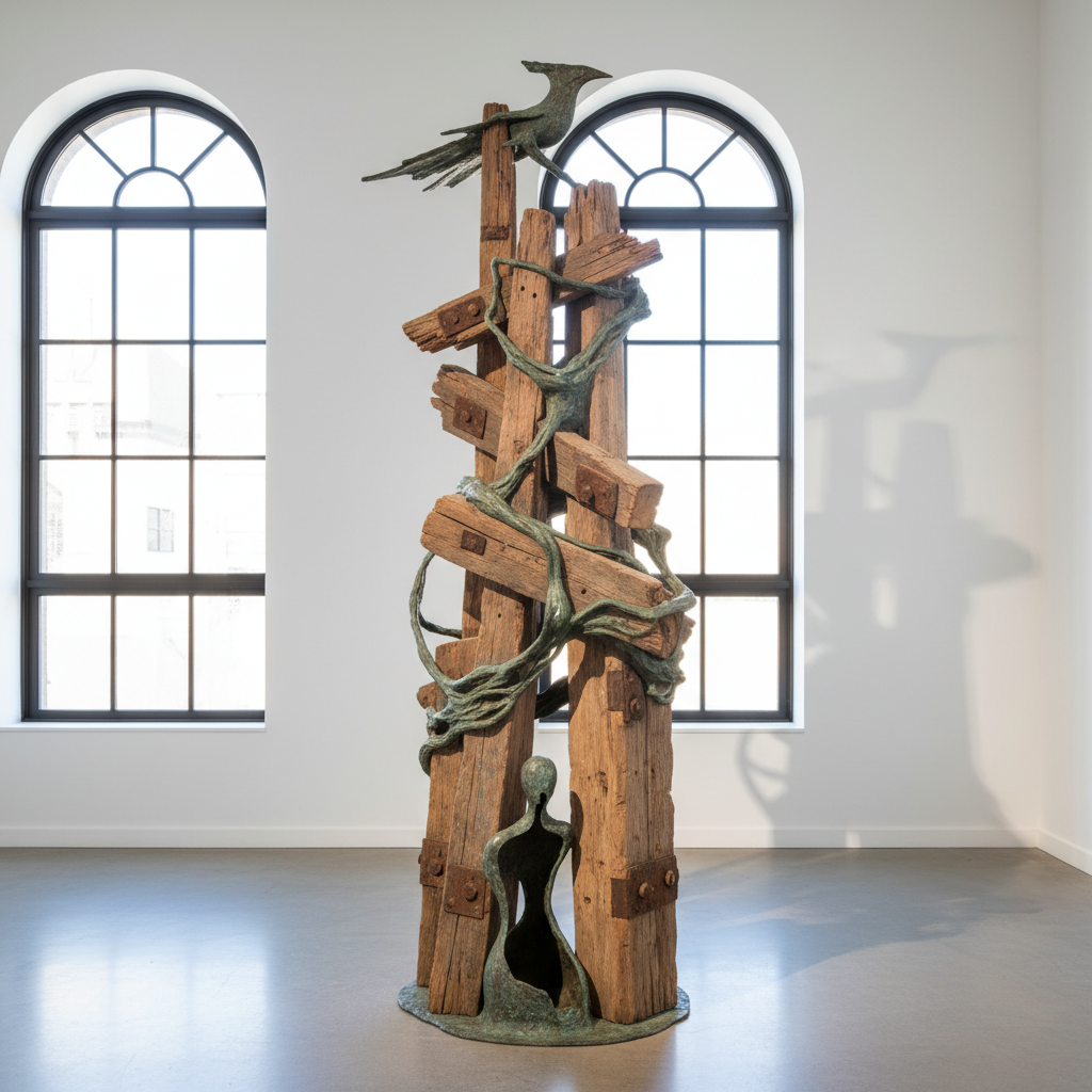 Tall mixed-media floor sculpture combining salvaged timber and cast bronze elements