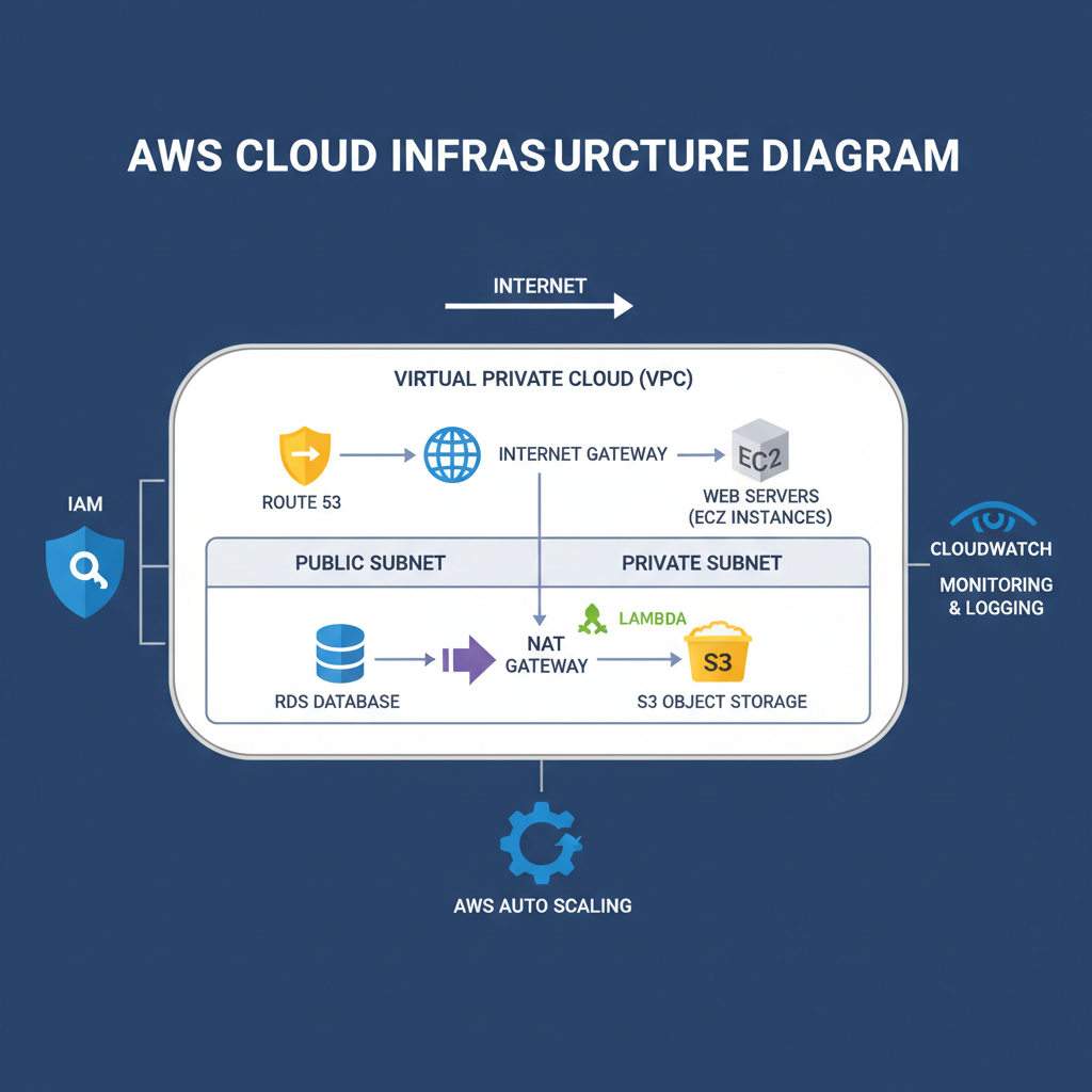 Cloud computing infrastructure diagram on bright screen with AWS services icons