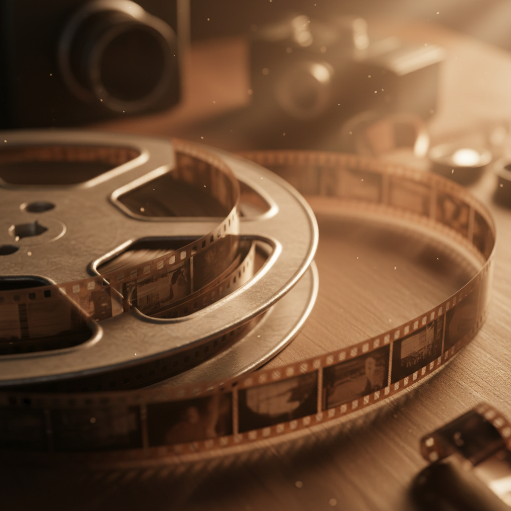 Close-up of film reel in warm amber light