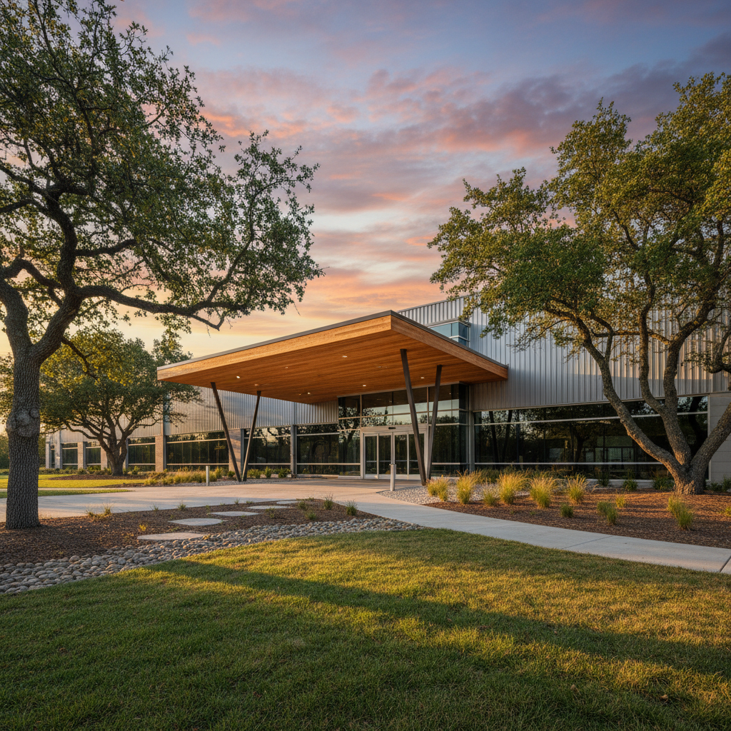 Manufacturing facility exterior with timber-clad entry canopy, surrounded by mature oaks, late afternoon light
