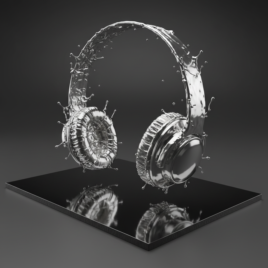 Commercial VFX still — liquid metal mid-morph forming premium headphone silhouette against obsidian background