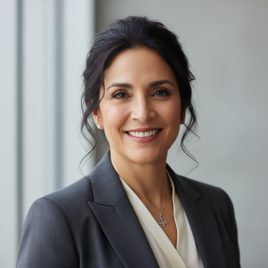 Professional Caribbean-American female attorney in smart business attire, warm professional portrait in modern office