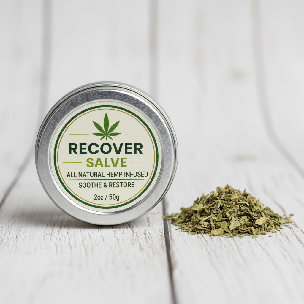 Small tin of recovery salve with a wooden spatula and dried hemp leaves beside it