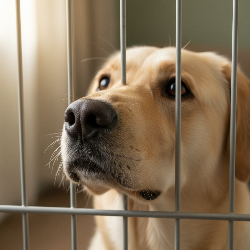 Yellow Labrador pressing nose against kennel gate with hopeful eyes