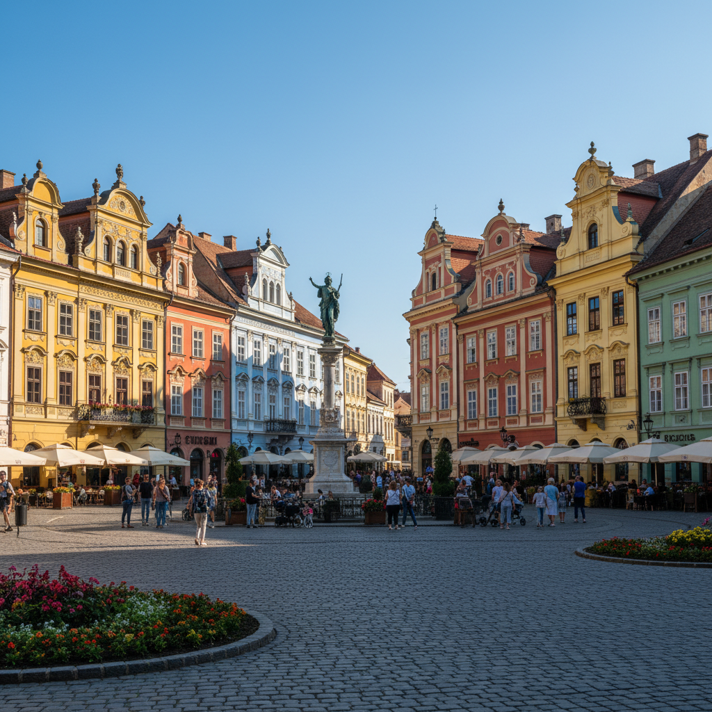 Sibiu Grand Square with colorful baroque buildings and historic towers