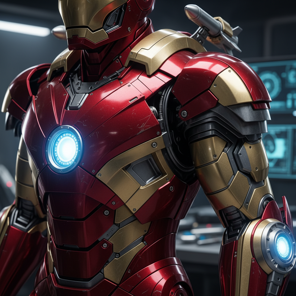 Iron Man action figure close up of helmet and chest arc reactor with detailed panel lines