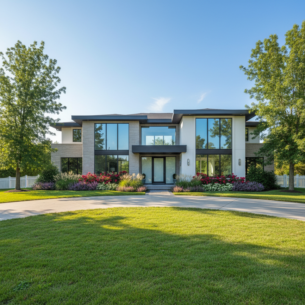 Modern house exterior in bright daylight, clean architecture, well-lit suburban setting