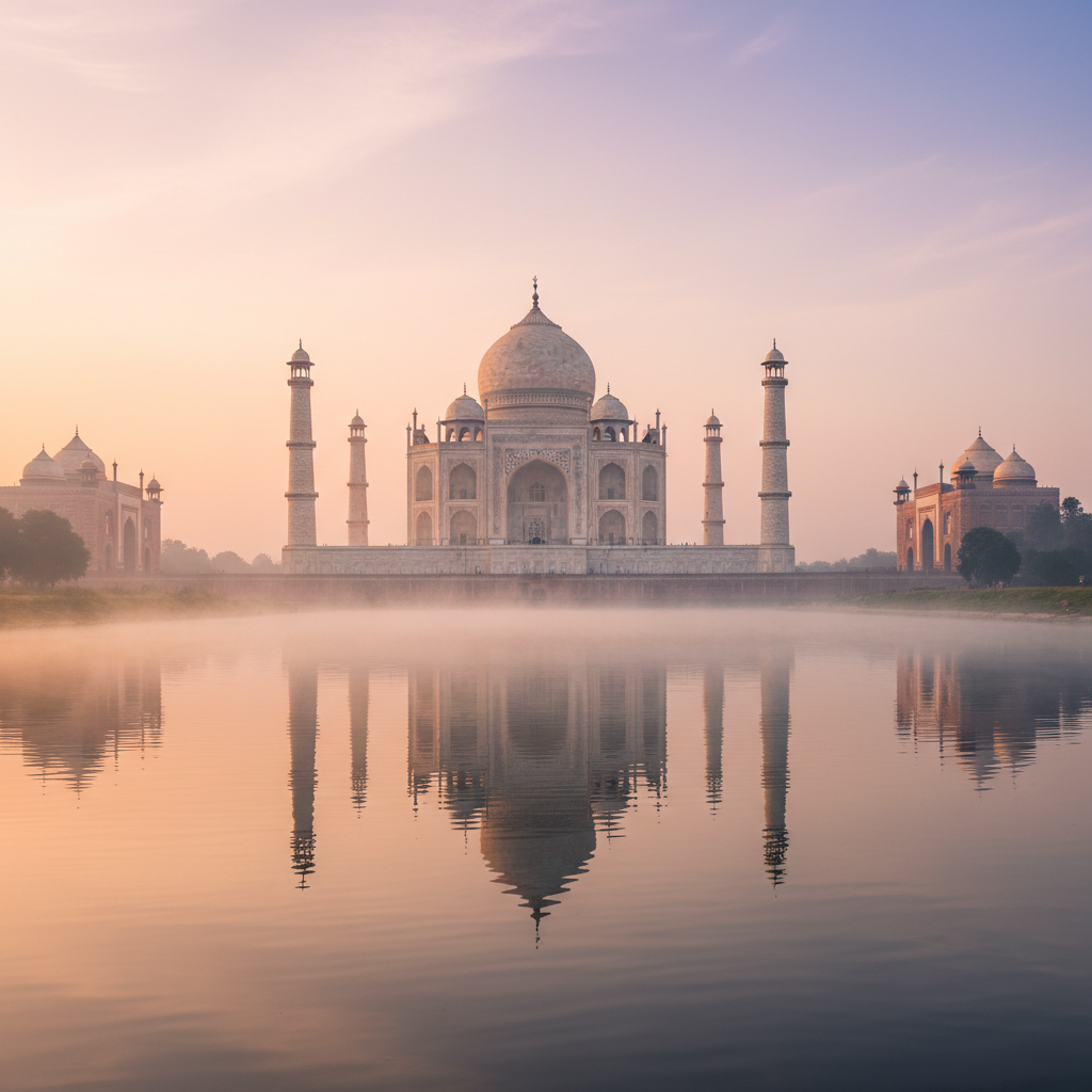 Taj Mahal at dawn, misty light, deep shadows, dark indigo sky reflecting in still water