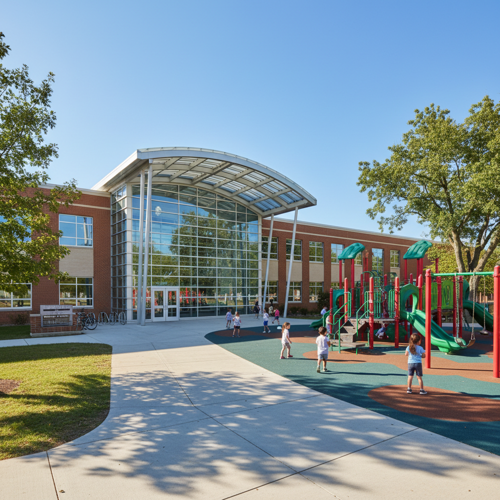 K-8 school building exterior with large windows and playground visible