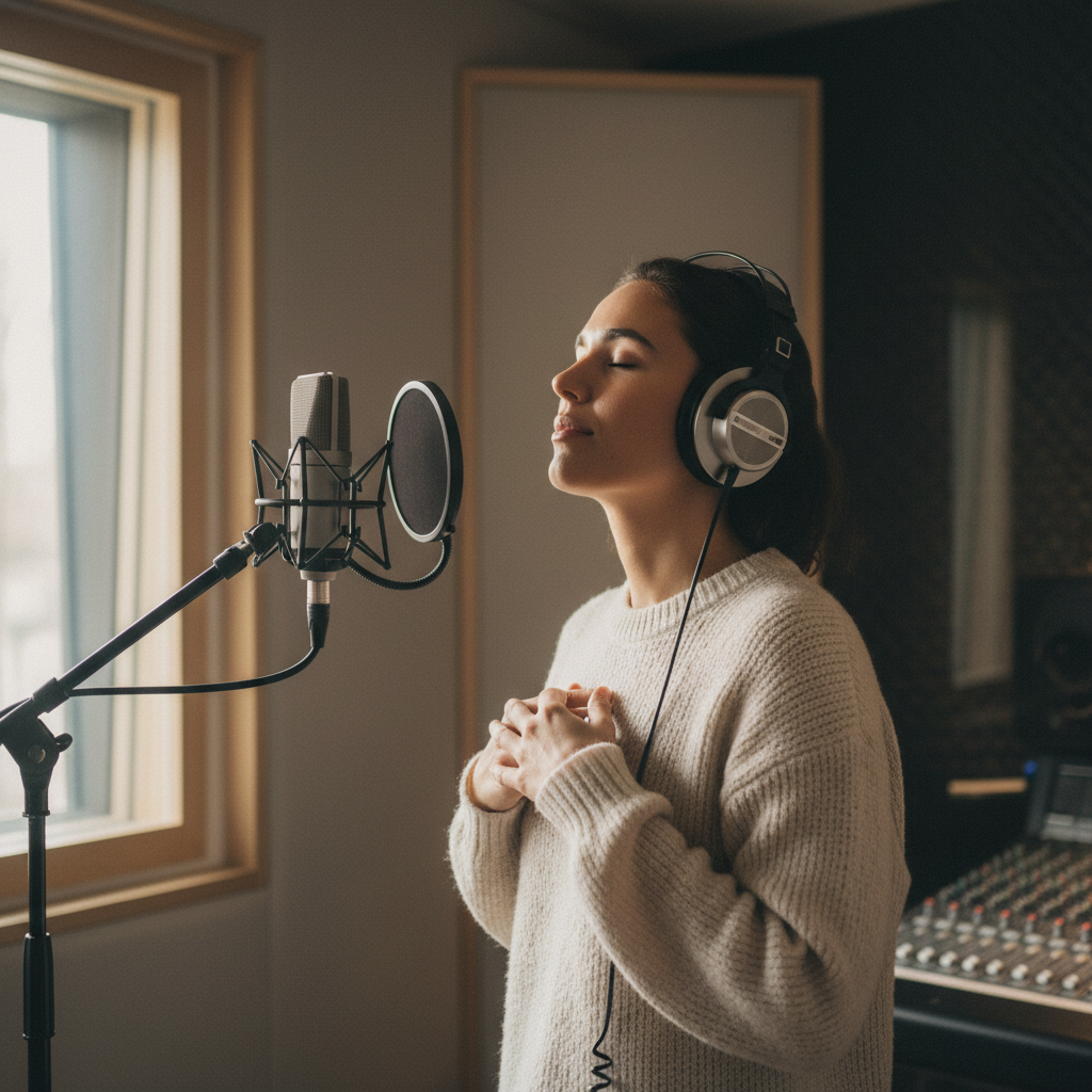 Artist recording in a vocal booth with headphones on, eyes closed
