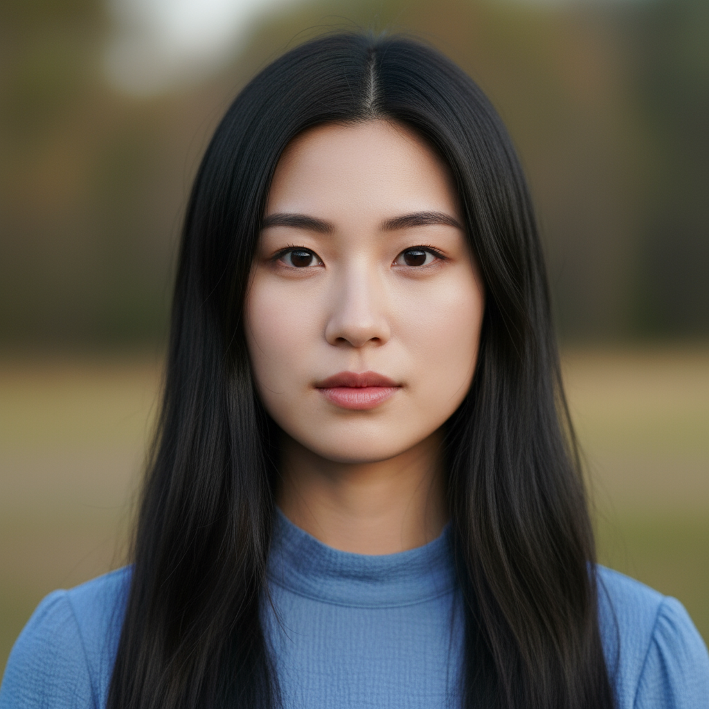 Young Asian woman with expressive eyes looking at camera with quiet confidence