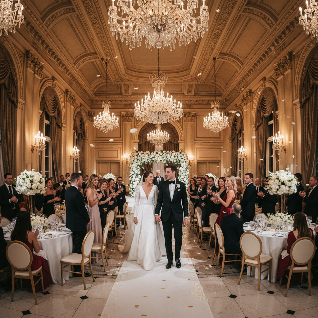 Wedding ceremony processional in grand hotel ballroom