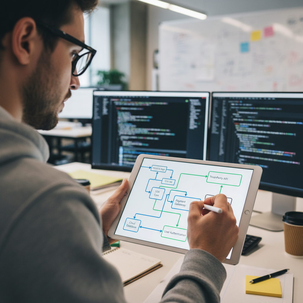 Developer drawing SDK integration architecture diagram on tablet