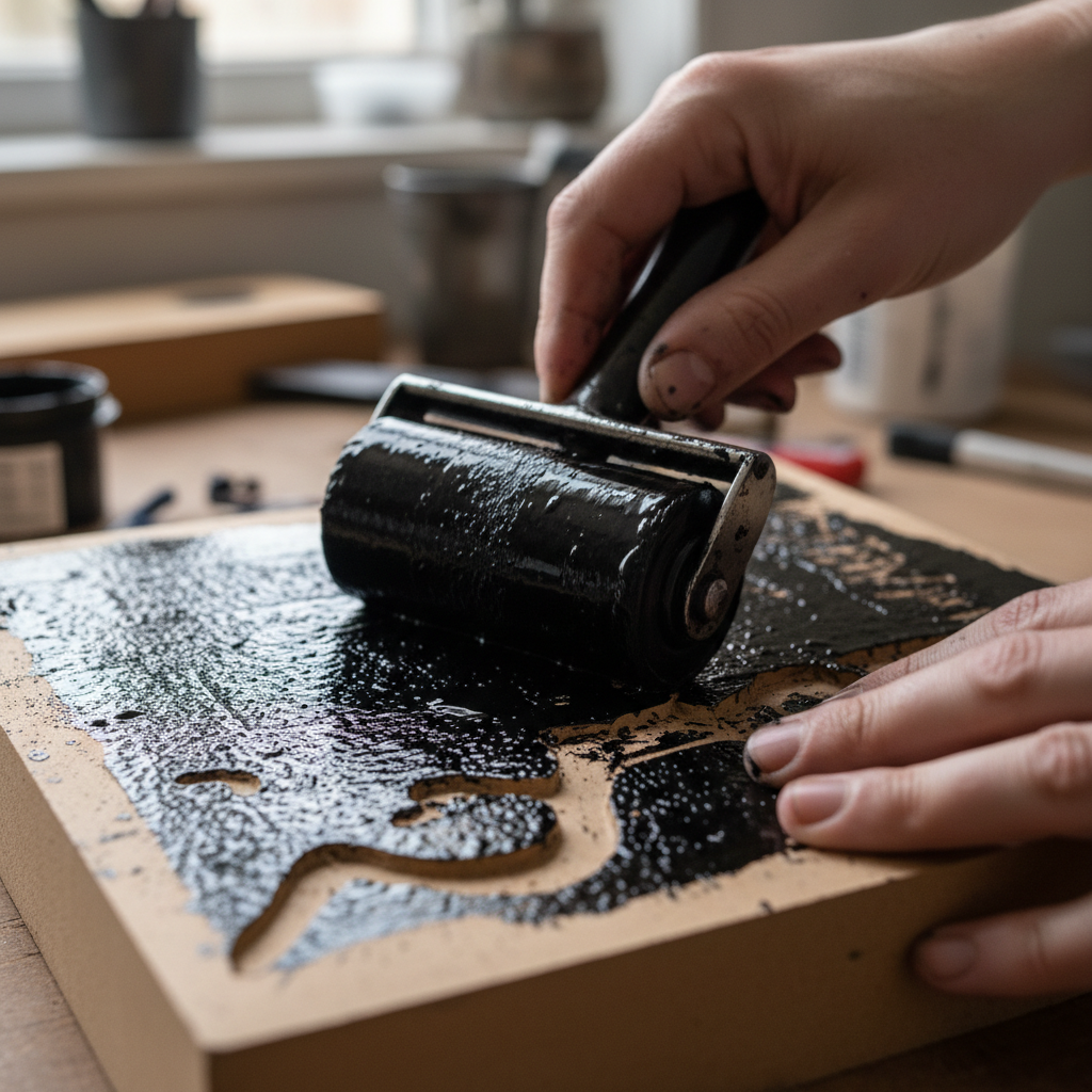 Close-up of hands pressing a brayer loaded with black ink across a carved linoleum block