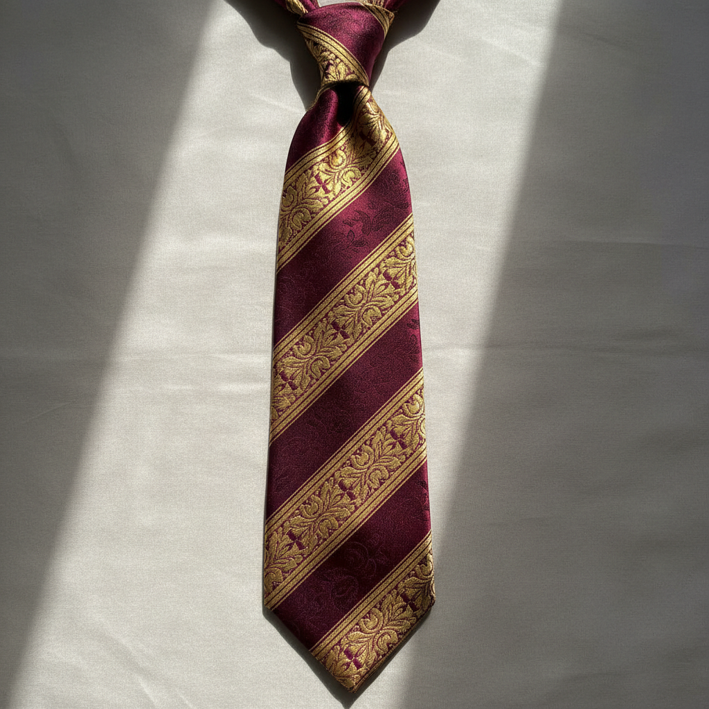 Satin stripe tie catching window light showing rich burgundy and gold pattern