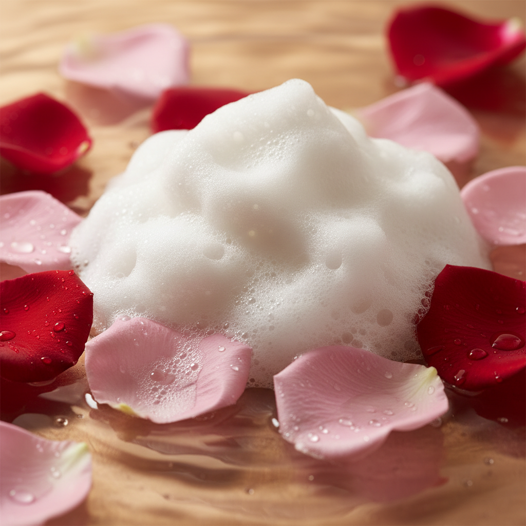 Close-up of Roselia soap lather with rose petals in warm water, luxurious foam texture, pink botanical spa aesthetic