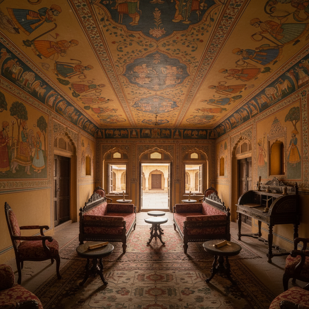 Heritage chamber with original hand-painted frescoes, period Rajput furniture, arched doorways, warm ochre walls