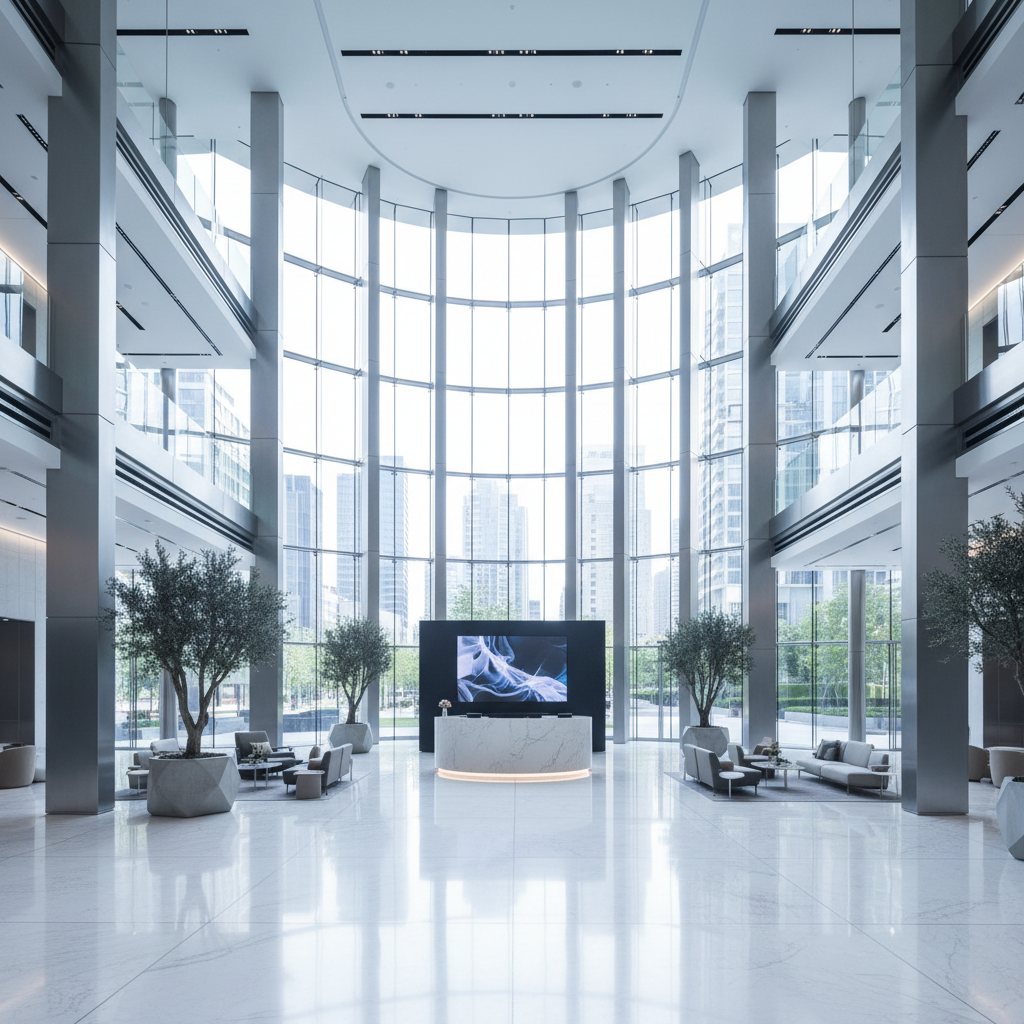 Modern commercial office interior, bright open lobby, polished marble floors, professional business environment