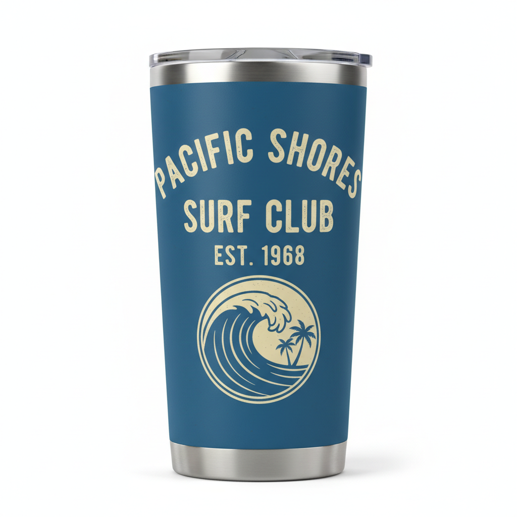 Custom printed 20oz tumbler with vintage surf club typography design in ocean blue and cream