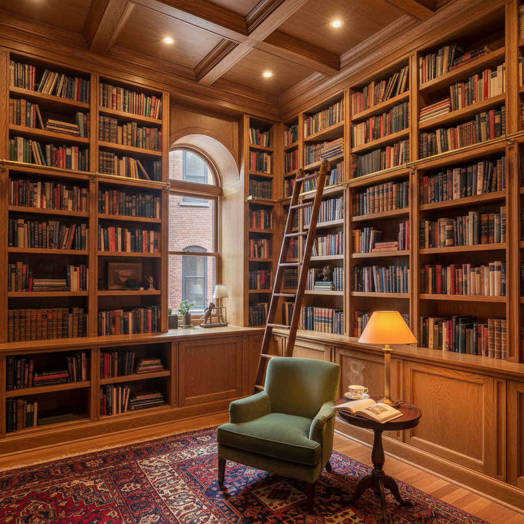 Finished floor-to-ceiling home library designed by Cecilia Harmon featuring custom oak millwork, rolling brass ladder, and warm amber reading lamp in a Brooklyn brownstone