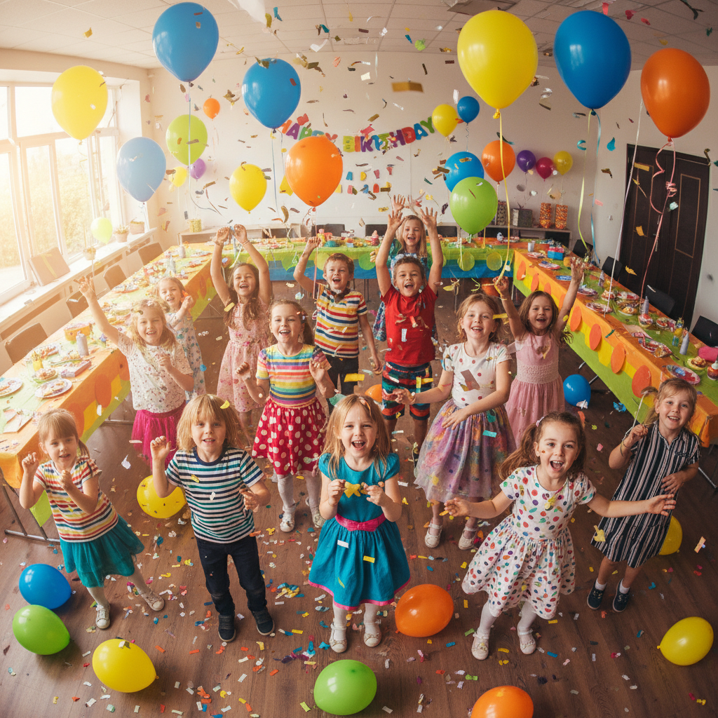 Kids birthday party with bright colourful lighting, children dancing happily, balloons and streamers, fun festive atmosphere