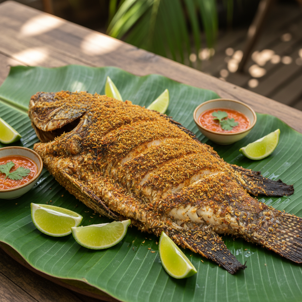 Whole grilled tilapia fish with Nigerian spices on a wooden board, smoky char marks