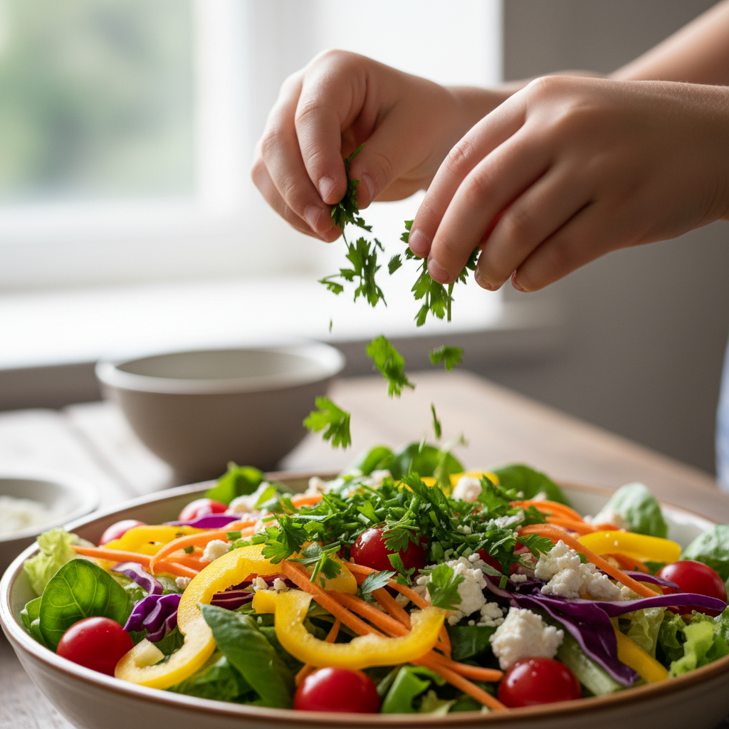 Small hands sprinkling fresh herbs over a colorful salad