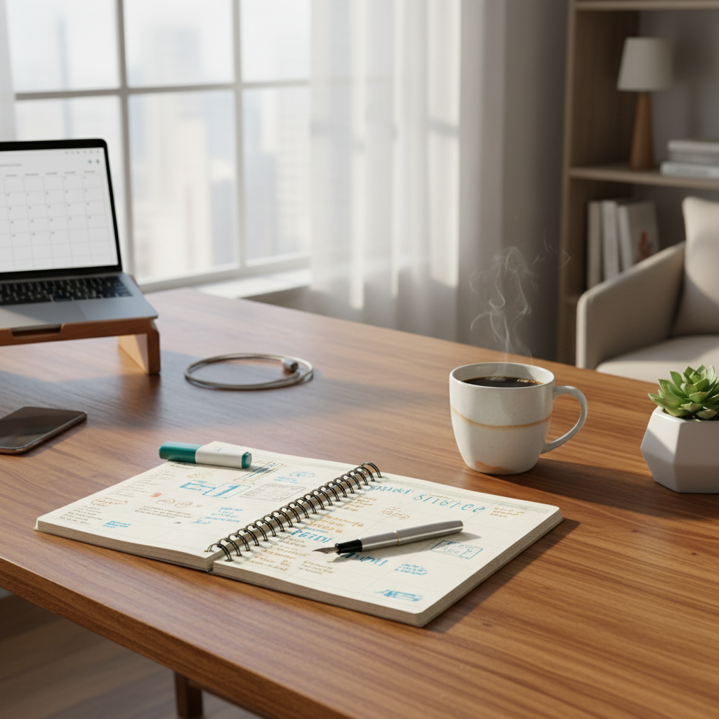Organized desk with notebook, laptop and coffee cup from above