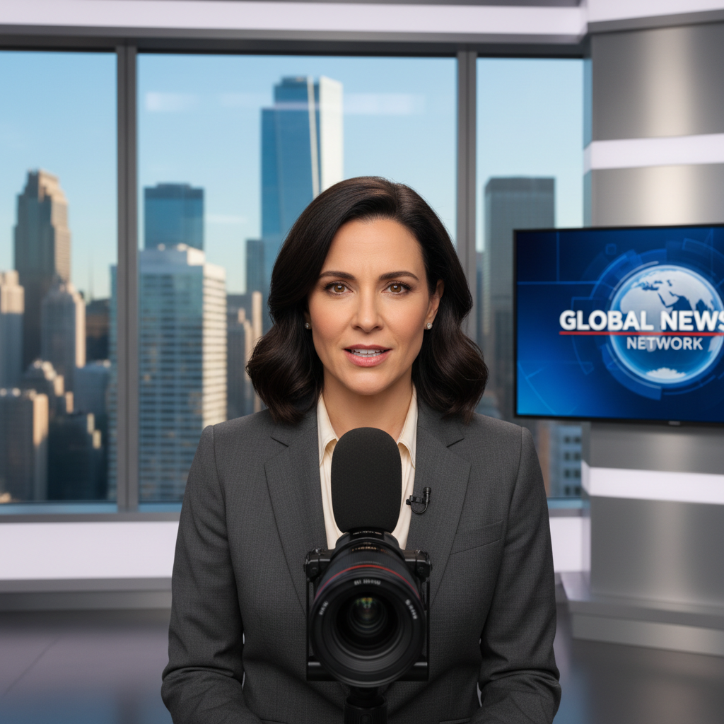 Journalist speaking on camera in a professional broadcast studio with city skyline behind her
