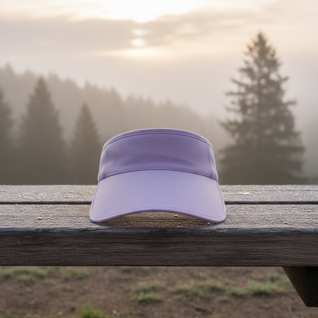 Wide-brim visor in lavender morning fog color among rose garden, soft natural light