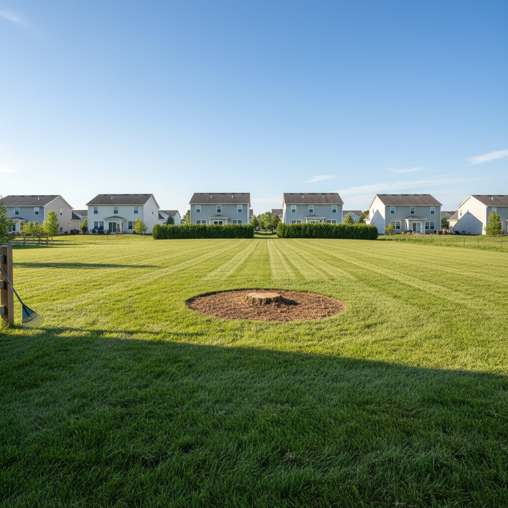 Clean open suburban yard with freshly raked lawn after complete tree removal and stump grinding